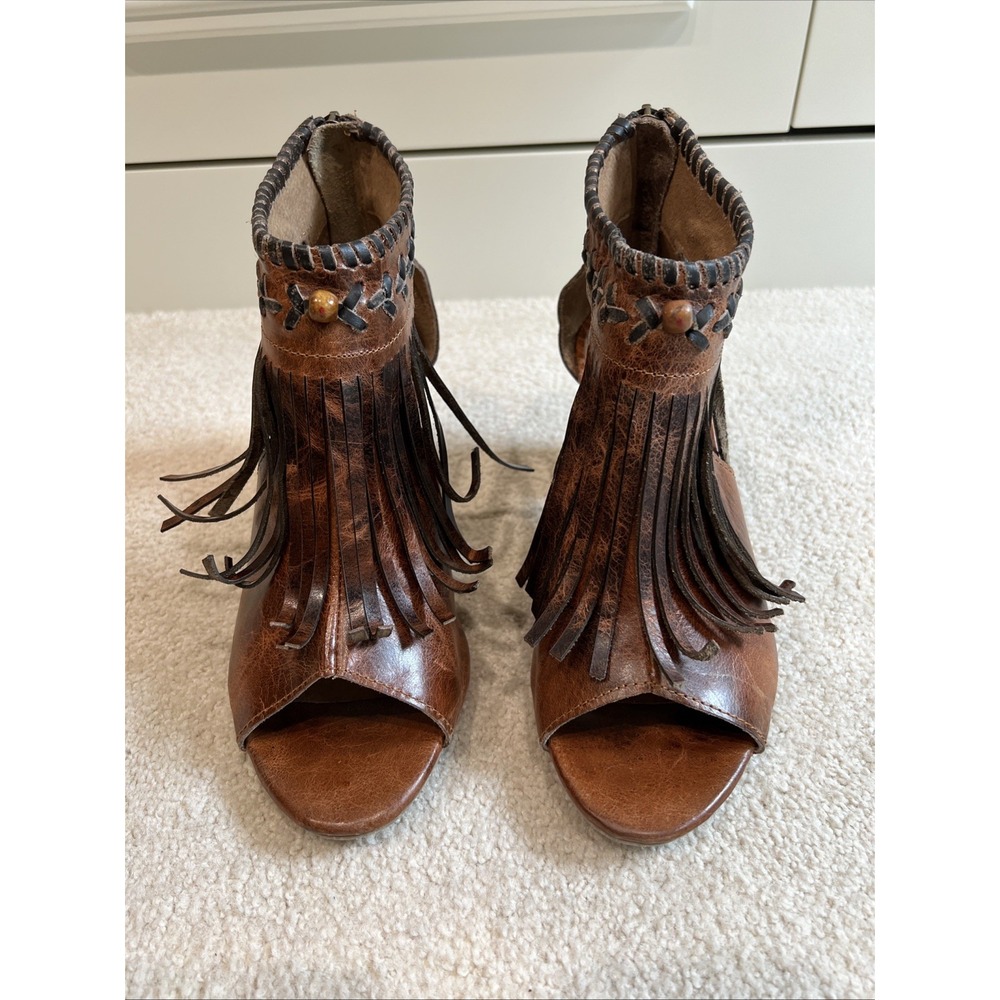 Roper Bettina Brown Leather Open Toe Heeled Sandals Fringe Boho Western Festival